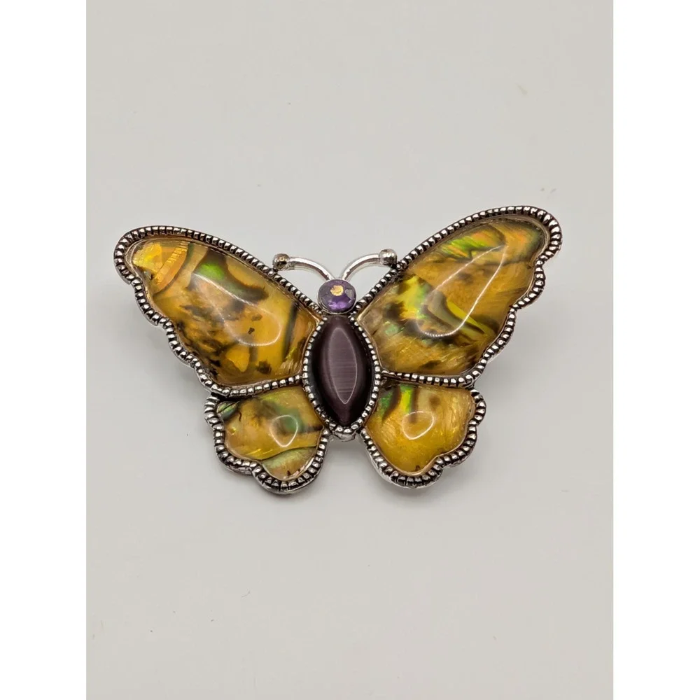 Butterfly Brooch Gold Tone Iridescent Enamel Purple Cabochon Rhinestone Accent